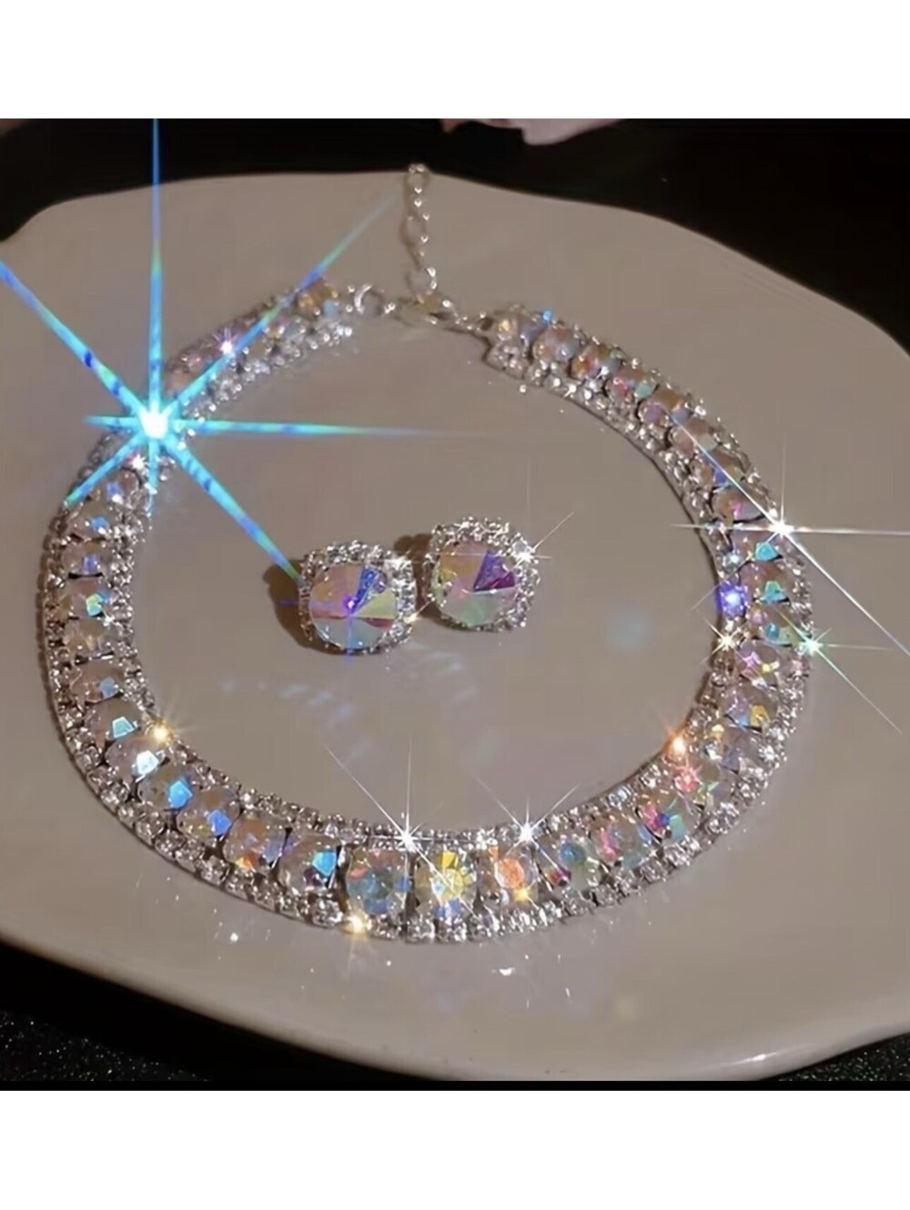Beautiful Aurora Borealis Necklace 12-16” Earrings  Silver Tone